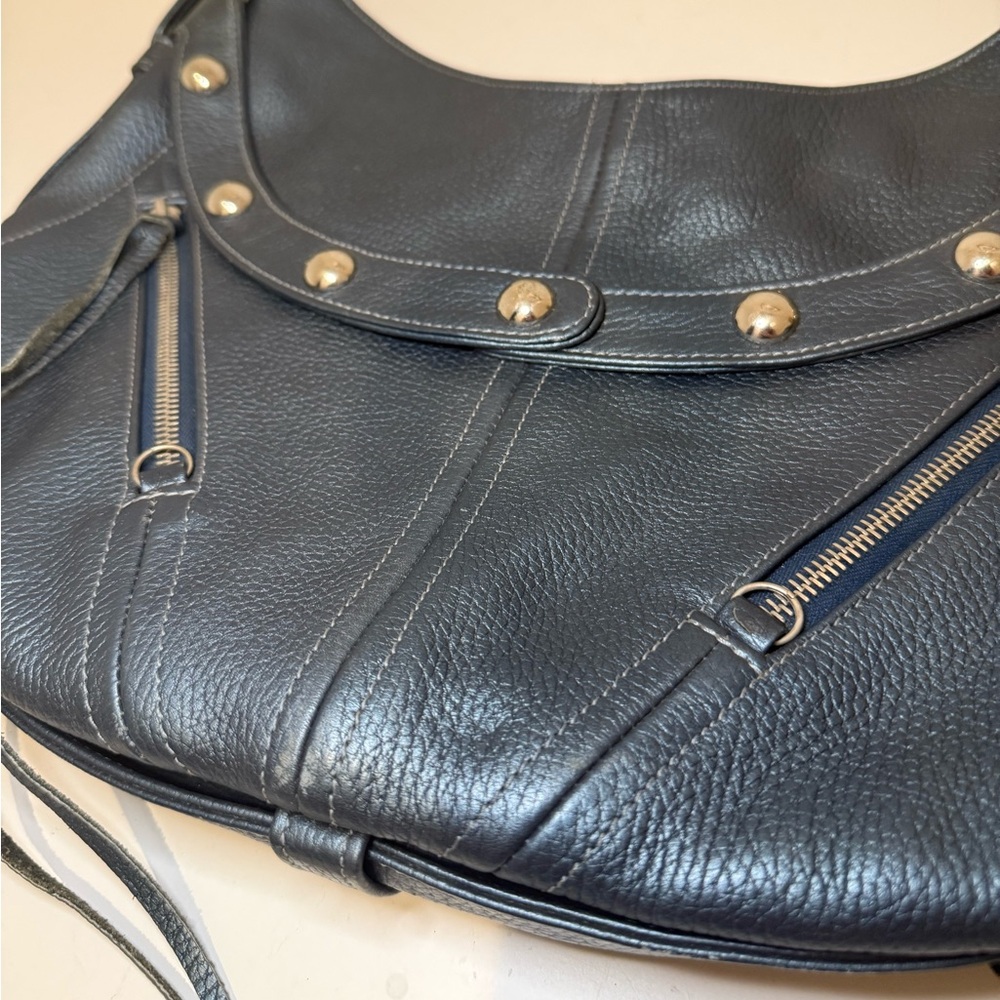 Botkier TRIGGER Mermaid Blue Moto Leather Hobo Shoulder Bag Studded Fringe - Picture 7 of 15
